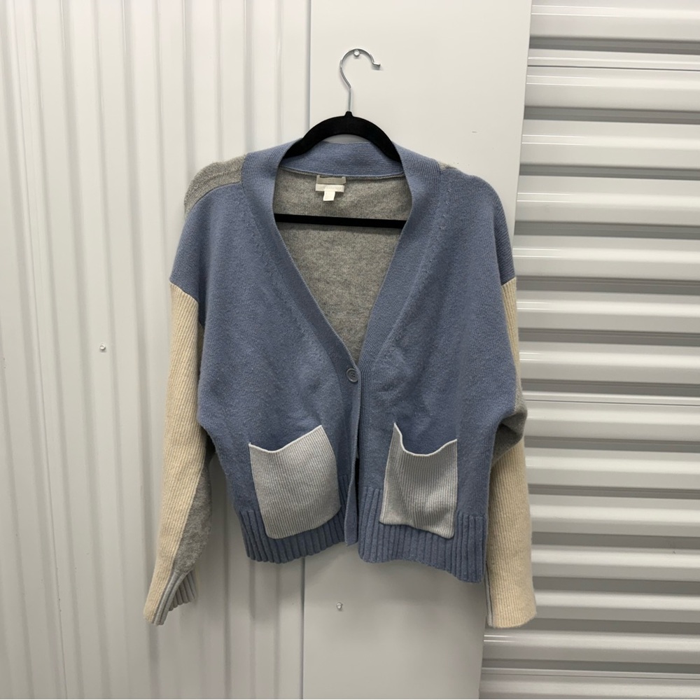 Colorblock Sweater Cos cashmere cardigan blue cream gray v neck oversized knit - Picture 2 of 8